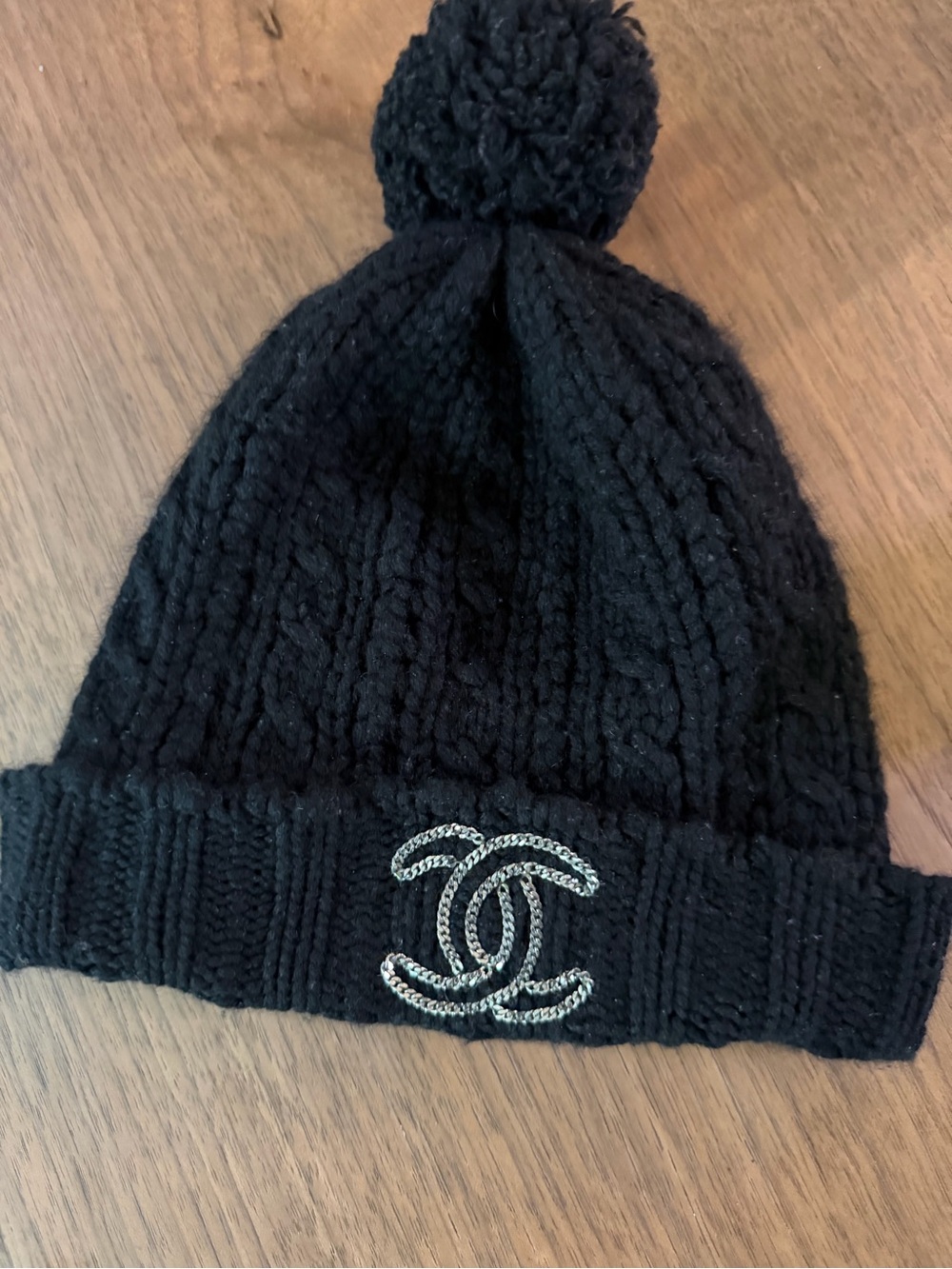 Chanel Kids Black Knit Pom Beanie with CC Logo
